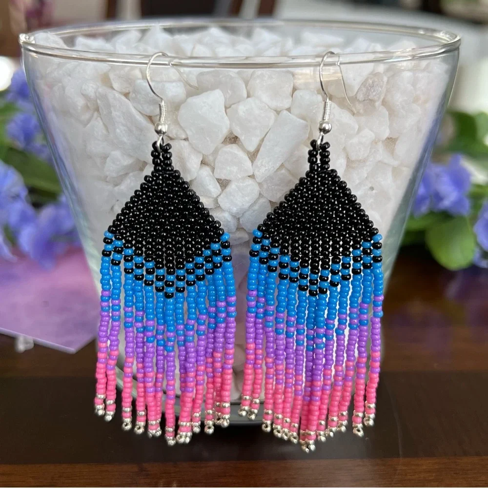 Black‎ Blue Purple Pink Silver Gradient Seed Bead Earrings Fringe Handmade